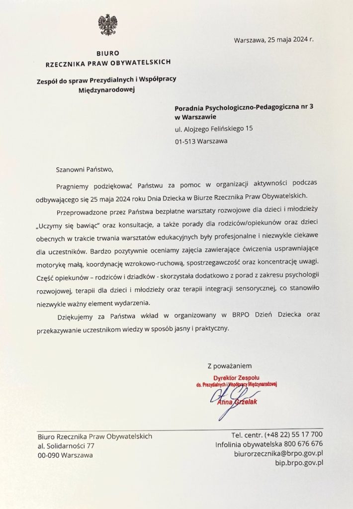 Podziękowanie dla Poradni za pomoc w organizacji aktywności podczas odbywającego się Dnia Dziecka w Biurze Rzecznika Praw Obywatelskich.